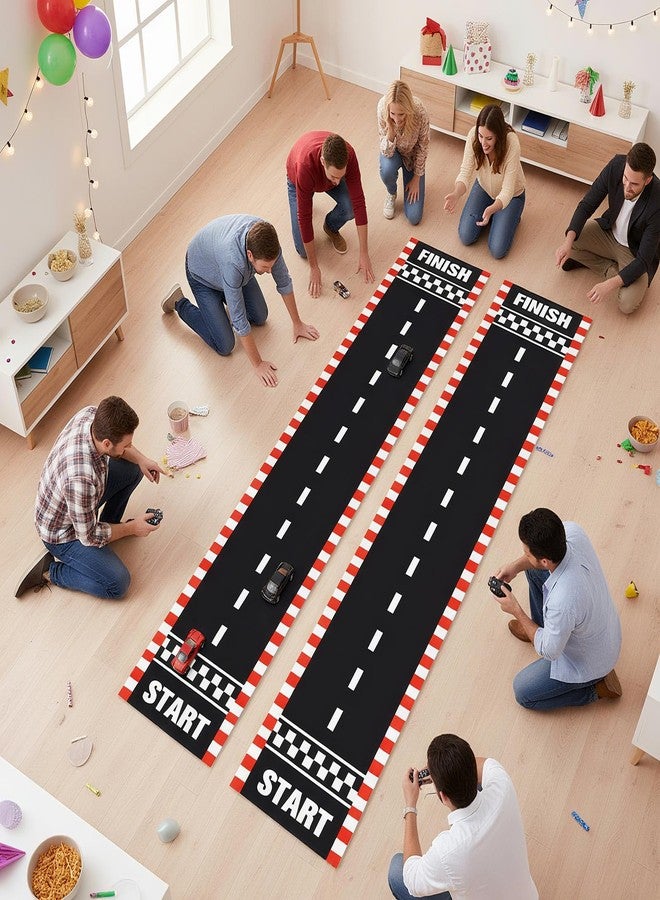 Fabbay 2 Pieces Racing Car Party Decorations 2 x 9. 8 ft Long Racetrack Floor Running Mat Drag Race Car Road Birthday Party Supplies Checkered Race Tracks Runway Party Supplies for Sport Event - Image 5
